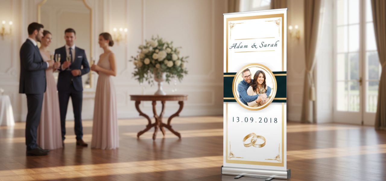 Materialen en formaten voor rollup banner trouwzaal