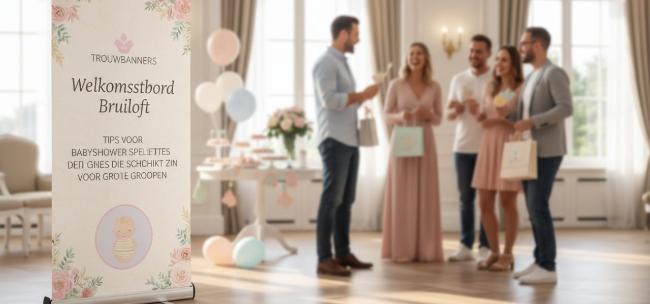 Welkomstbord Tips voor babyshower spelletjes die geschikt zijn voor grote groepen.