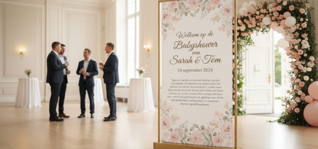 Welkomstbord ﻿Tips voor het decoreren met bloemen op een babyshower.​