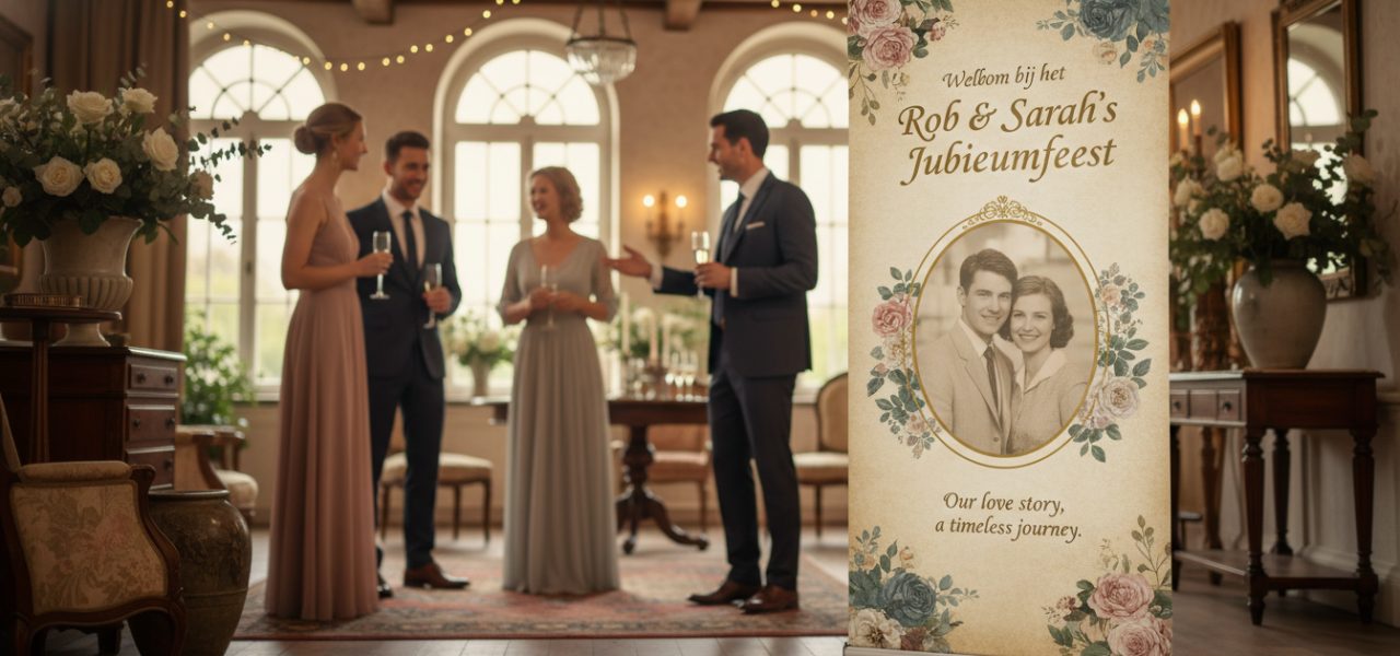 Vintage stijl ideen voor jouw jubileumwelkomstbord Op zoek naar vintage stijlideeën voor jouw jubileumwelkomstbord? Stap dan binnen in de wereld van oude charme en tijdloze elegantie. Vintage welkomstborden voegen een unieke warmte en persoonlijkheid toe aan elke jubileumviering. Denk aan klassieke lettertypes, zachte pastelkleuren, en versieringen die herinneren aan vervlogen tijden. Waarom niet een houten bord…