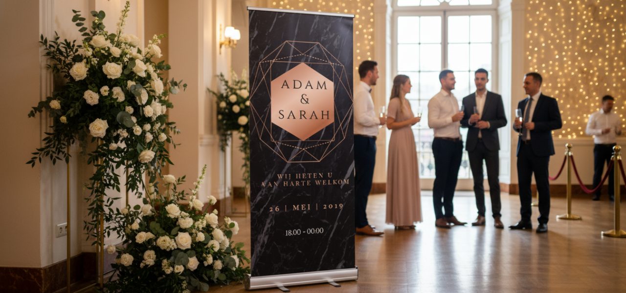 Welkomstbanner bruiloft met standaard Materialen en formaten voor een welkomstbanner met standaard