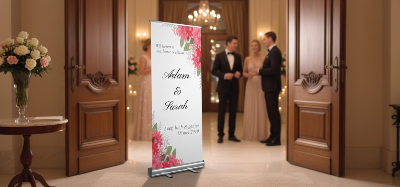 Welkomstbord avondfeest huwelijk in rollup banner