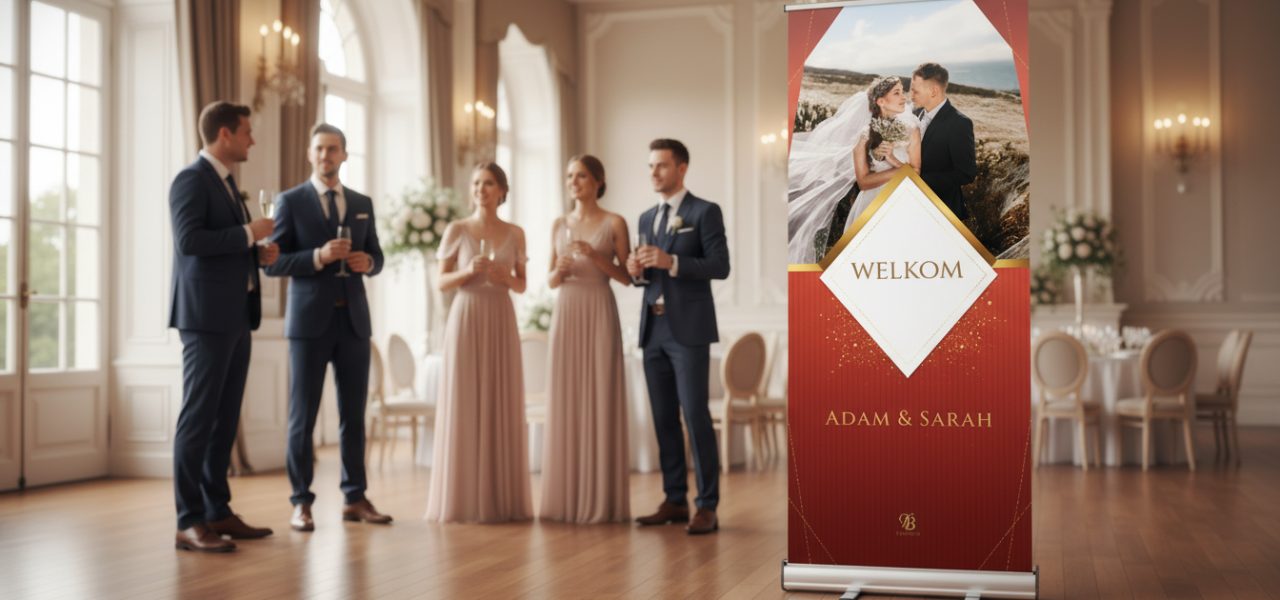 Wat is een welkomstbord binnen bruiloft in rollup banner vorm