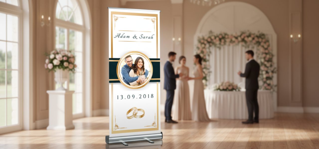 Wat is een welkomstbord binnen huwelijk in rollup banner vorm