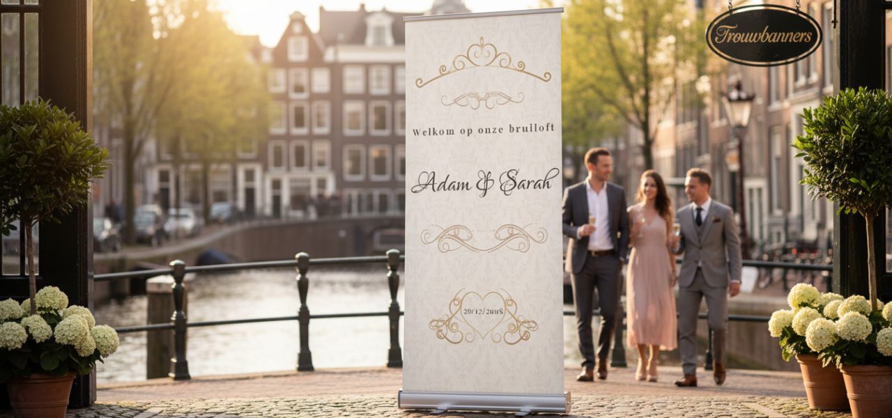 Welkomstbord bruiloft Amsterdam in rollup banner vorm