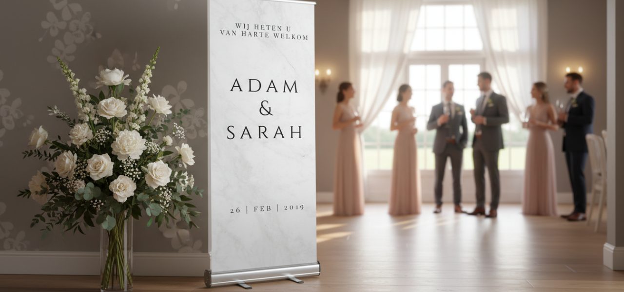 Welkomstbord bruiloft bloemen in rollup banner vorm