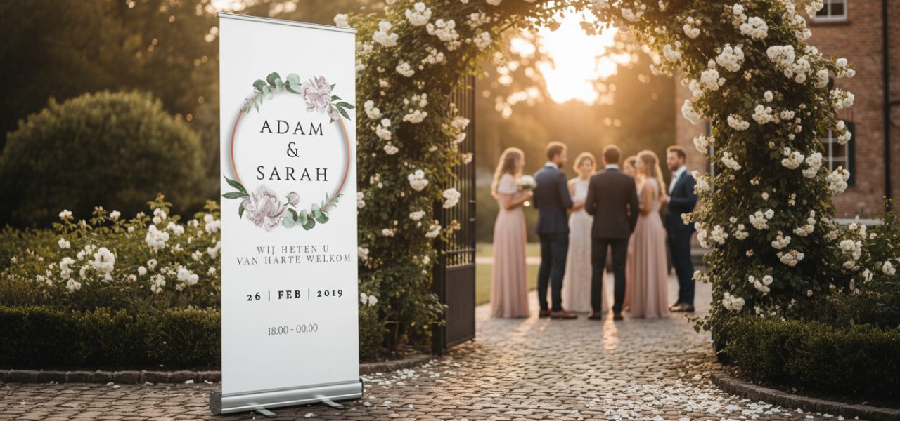 Wat is een welkomstbord bruiloft botanical in roll up banner vorm