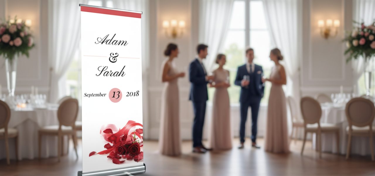 Welkomstbord bruiloft decoratie in rollup banner vorm