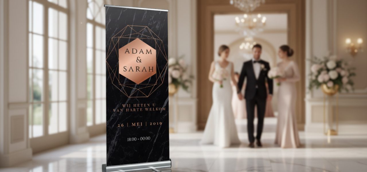 Wat is een welkomstbord bruiloft goud in rollup vorm