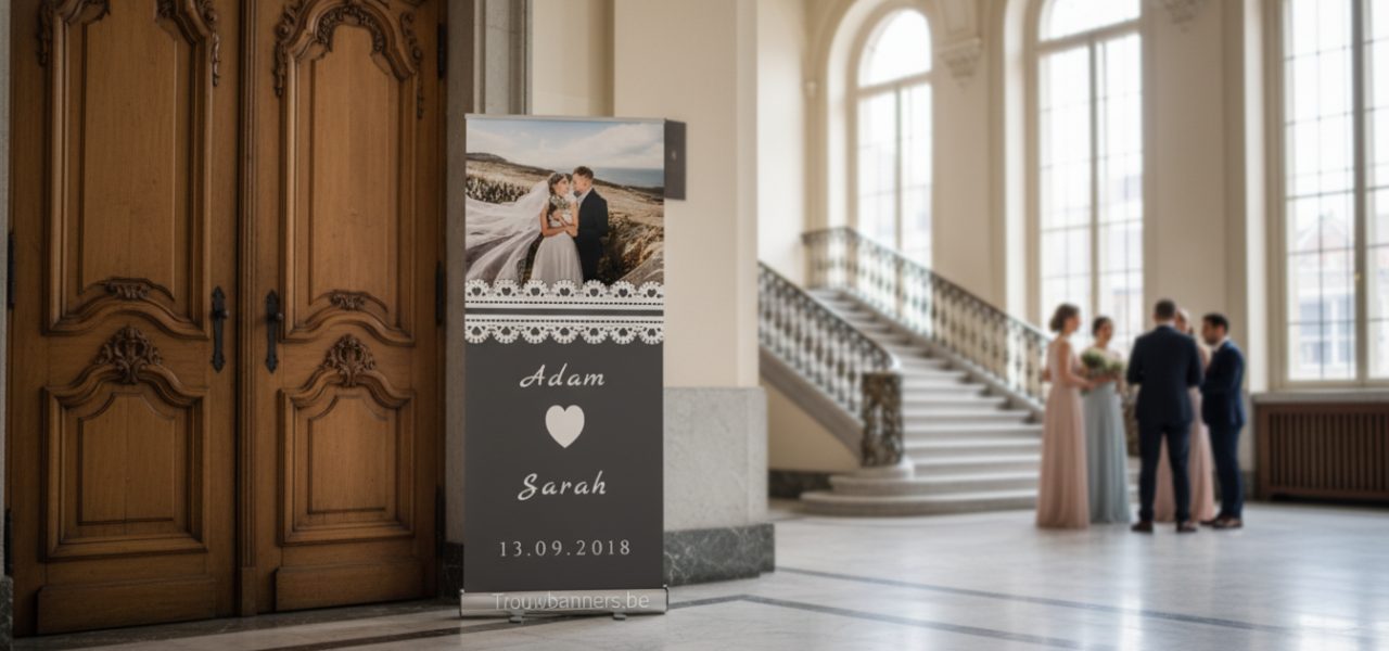Wat is een welkomstbord bruiloft Kortrijk in rollup banner vorm