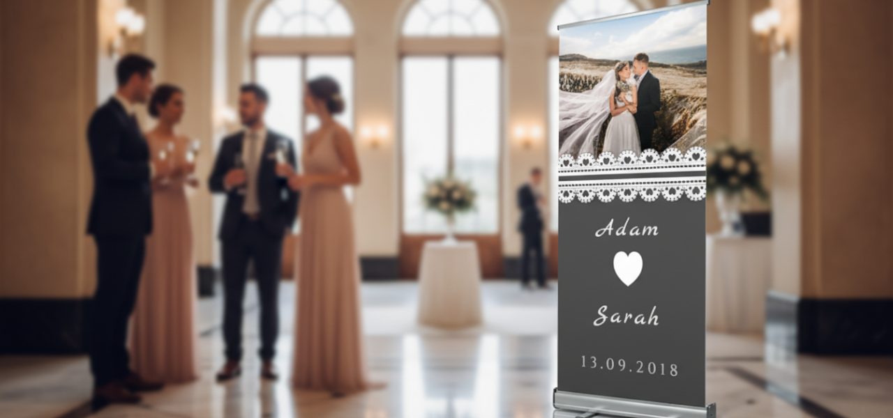 Welkomstbord bruiloft kosten in rollup banner vorm