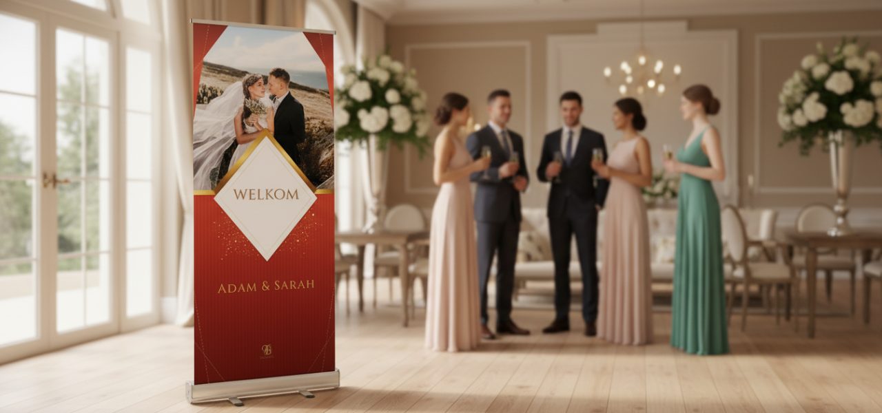 Welkomstbord bruiloft maken Welkomstbord bruiloft maken als opvallende rollup banner