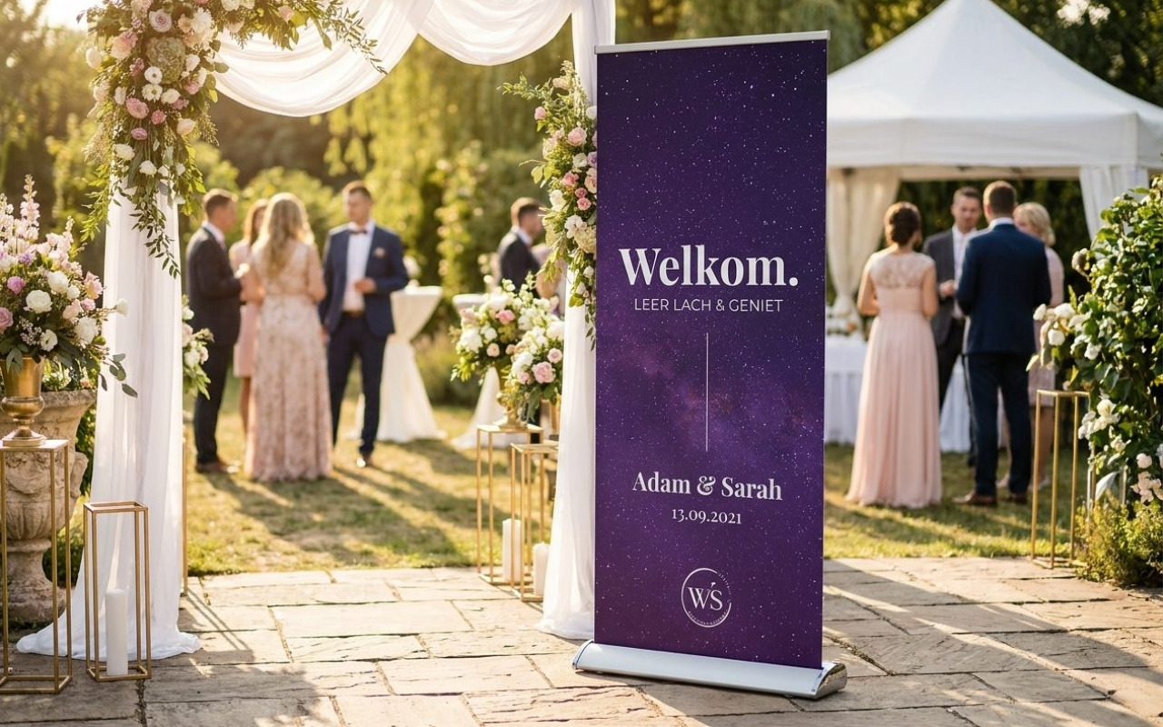 Welkomstbord bruiloft Eindhoven Wij zijn Trouwbanners. Voor jouw Welkomstbord bruiloft Eindhoven maken wij een rollup welkomstbanner op maat. Perfect voor bruidsparen en planners in de regio. We personaliseren namen datum en locatie. Jij kiest lettertype kleurpalet en thema. Aluminium cassette met strak doek voor indoor en outdoor. Snelle levering in Eindhoven en Strijp…