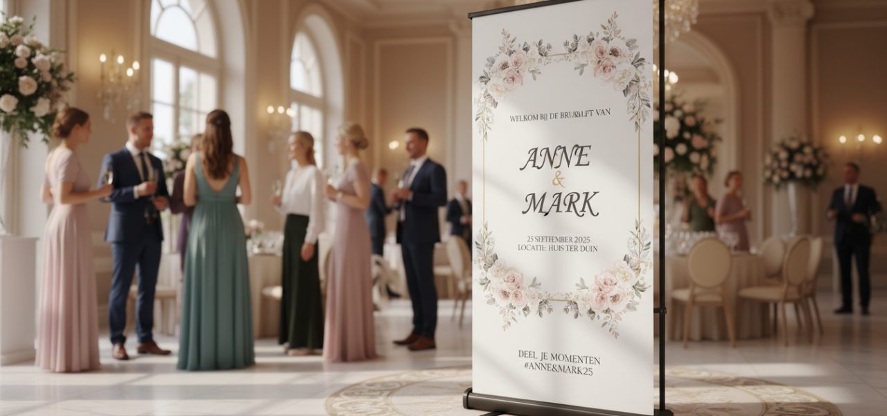 Welkomstbord bruiloft met namen Zoek je een Welkomstbord bruiloft met namen dat direct welkom heet? Wij van Trouwbanners maken jouw rollup banner voor de entree, met jullie namen, datum en een korte boodschap. Kies ontwerp, formaat, materiaal, typografie, kleur en stijl die past bij het thema. Voeg foto, locatie en desnoods een QR code…