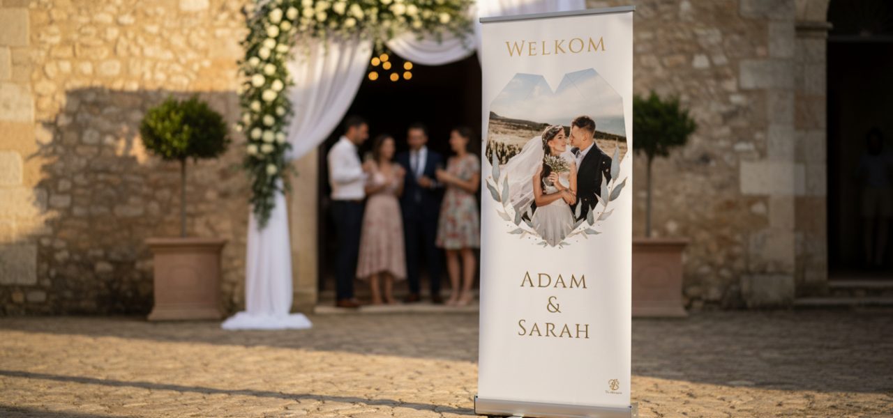 Welkomstbord bruiloft met voornamen in rollup banner vorm
