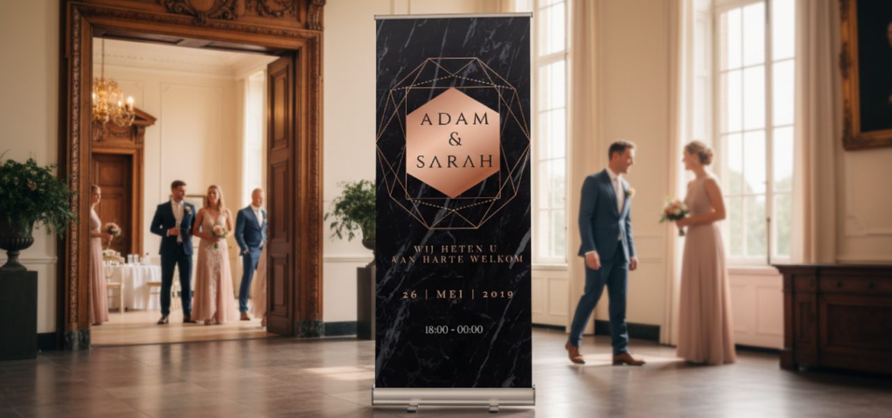 Wat is een welkomstbord bruiloft Nederland in rollup banner vorm