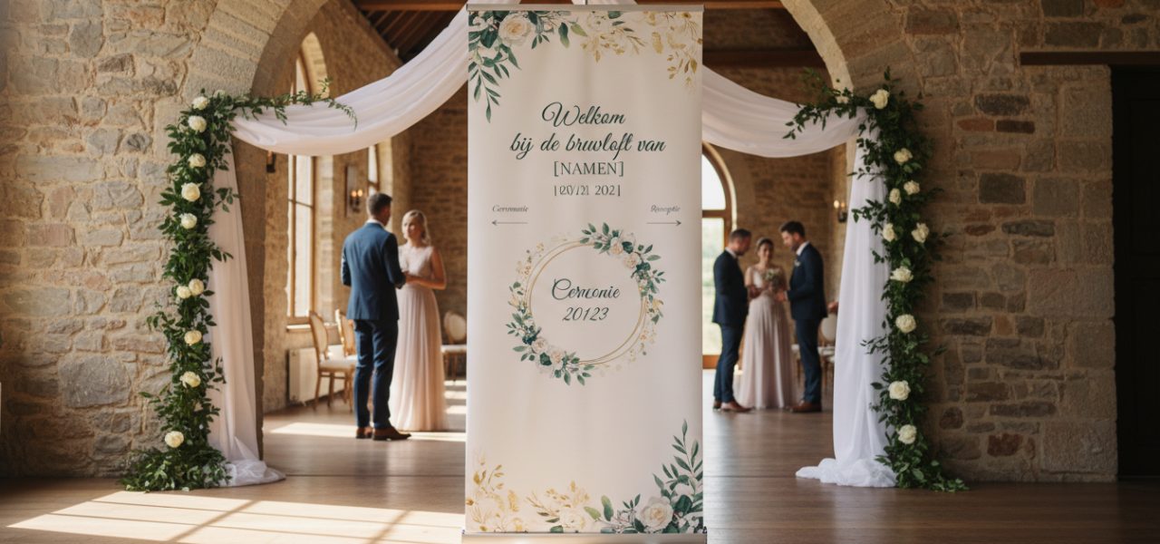 Welkomstbord bruiloft Productieproces en kwaliteit bij Trouwbanners