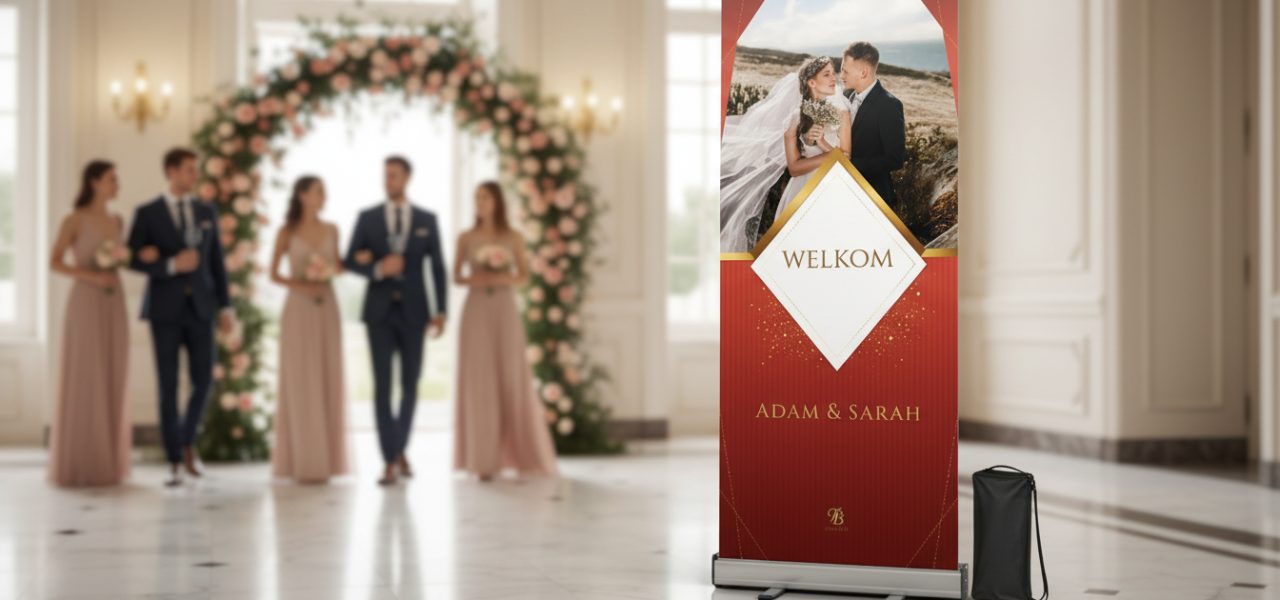 Wat is een welkomstbord bruiloft rollup met standaard