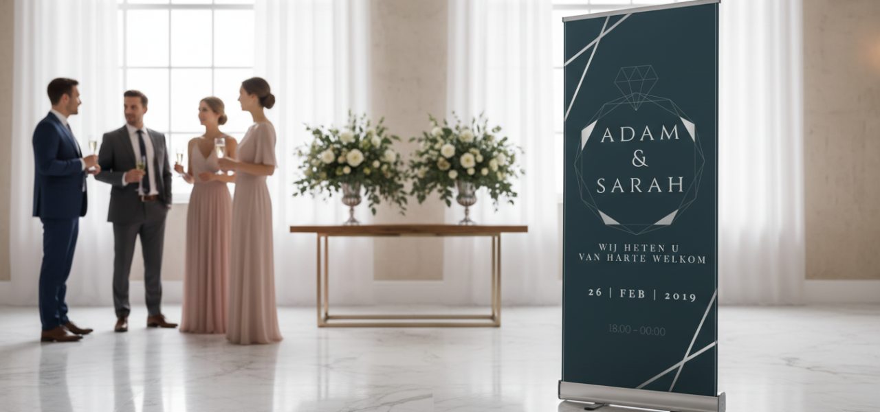 Welkomstbord bruiloft romantisch Materialen en formaten voor rollup banners