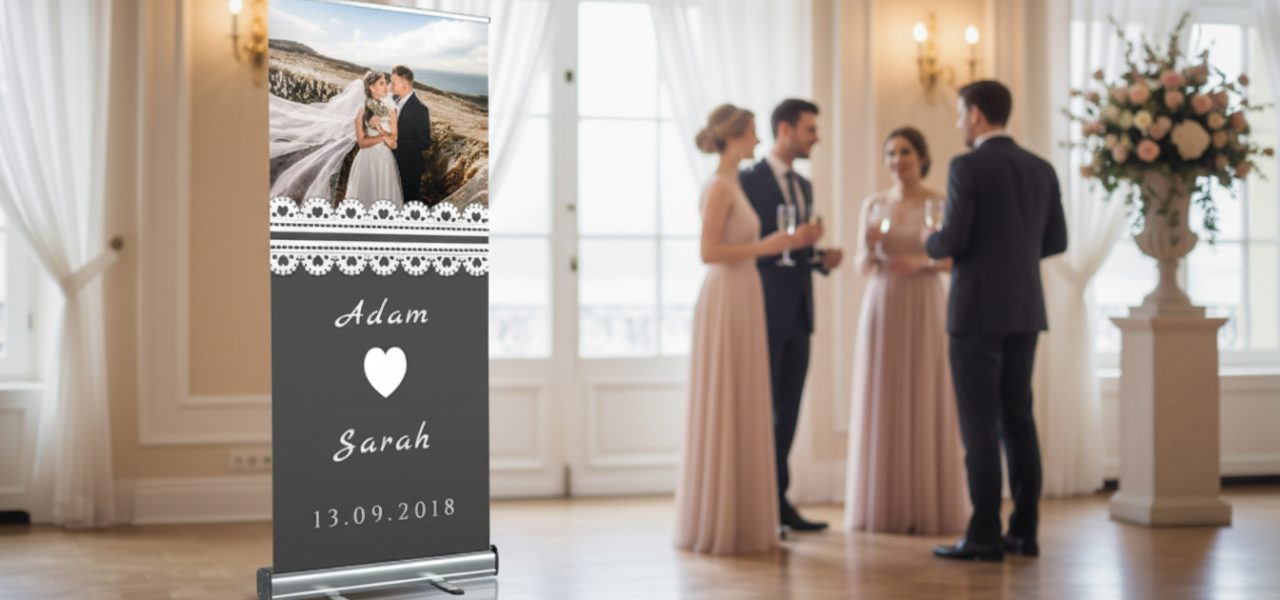 Welkomstbord bruiloft template aanpassen in rollup banner vorm