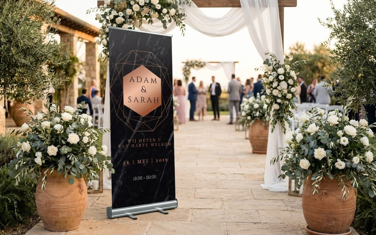 Rollup banner bruiloft maken Bij Trouwbanners helpen wij je met Rollup banner bruiloft maken als welkomstbord bij ceremonie en receptie. Je kiest ontwerp, typografie, namen, datum en foto. Wij leveren strak design. Wij printen op stevig doek met matte afwerking, in jouw formaat. Aluminium cassette, standaard en draagtas maken je rolbanner klaar voor snelle…