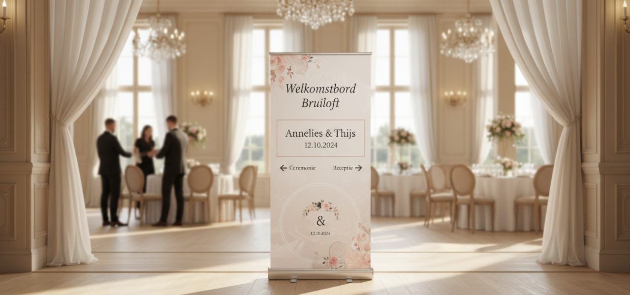 Welkomstbord bruiloft Zoek je een Welkomstbord bruiloft dat de toon zet? Wij zijn Trouwbanners en maken jouw roll up banner bruiloft met welkomsttekst, namen, datum en routepijl voor ceremonie en receptie. Je kiest stijl en typografie voor je Welkomstbord bruiloft, formaat A1 tot XL, op PVC doek in cassette, geschikt voor indoor…