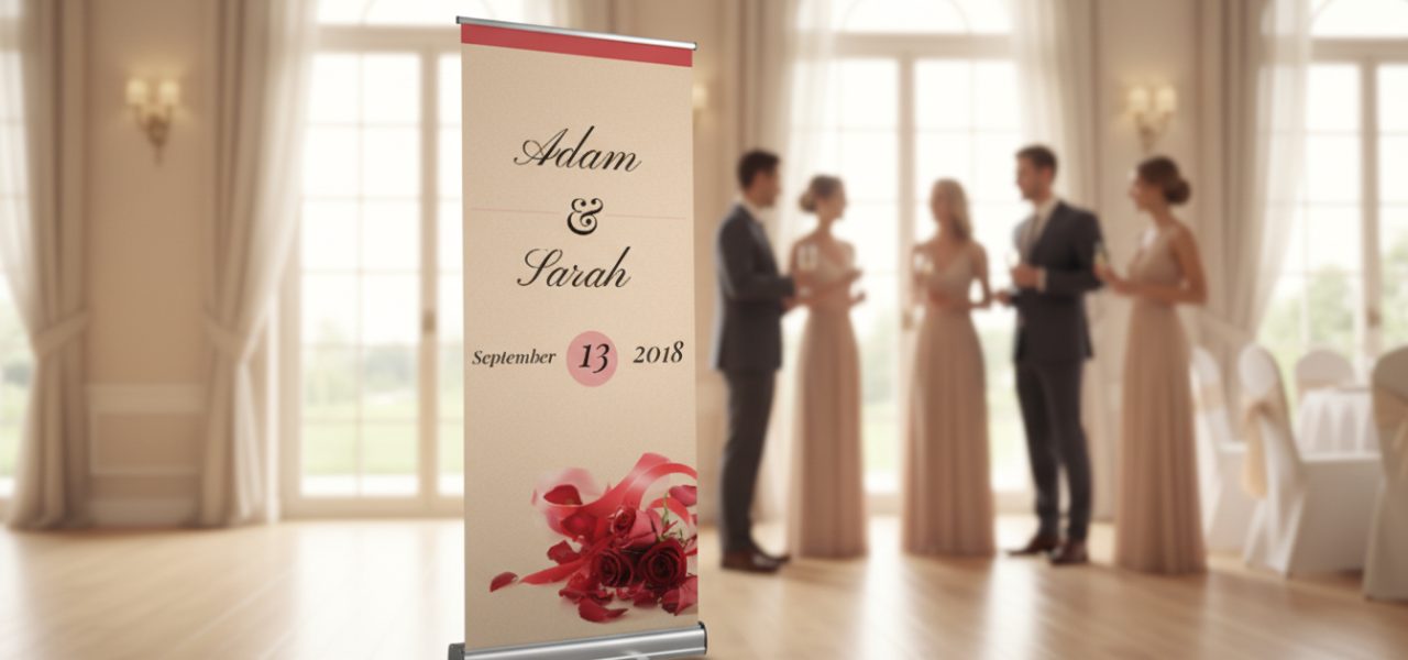 Welkomstbord huwelijk beige in rollup vorm