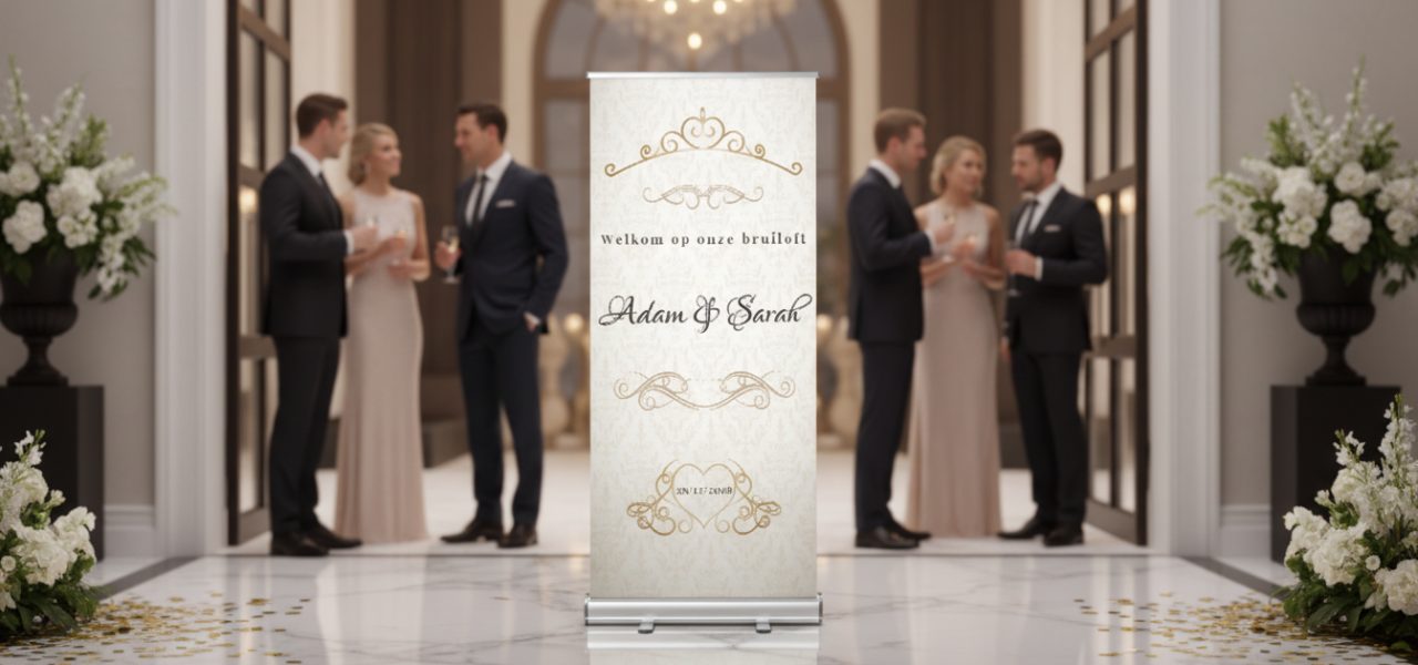 Welkomstbord huwelijk bestellen als roll up banner