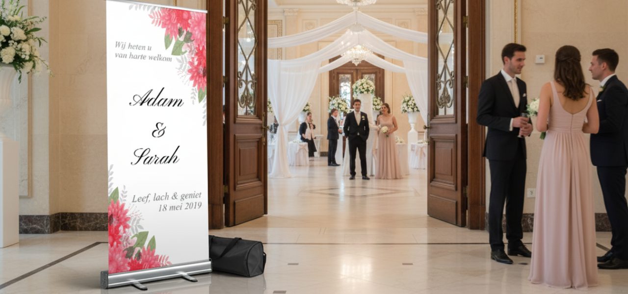 Wat is een welkomstbord huwelijk Canva ontwerp in rollup banner vorm