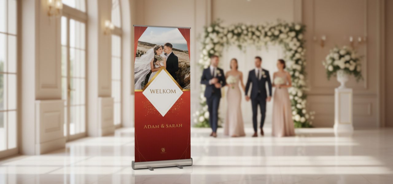 Wat is een welkomstbord huwelijk entree in rollup vorm