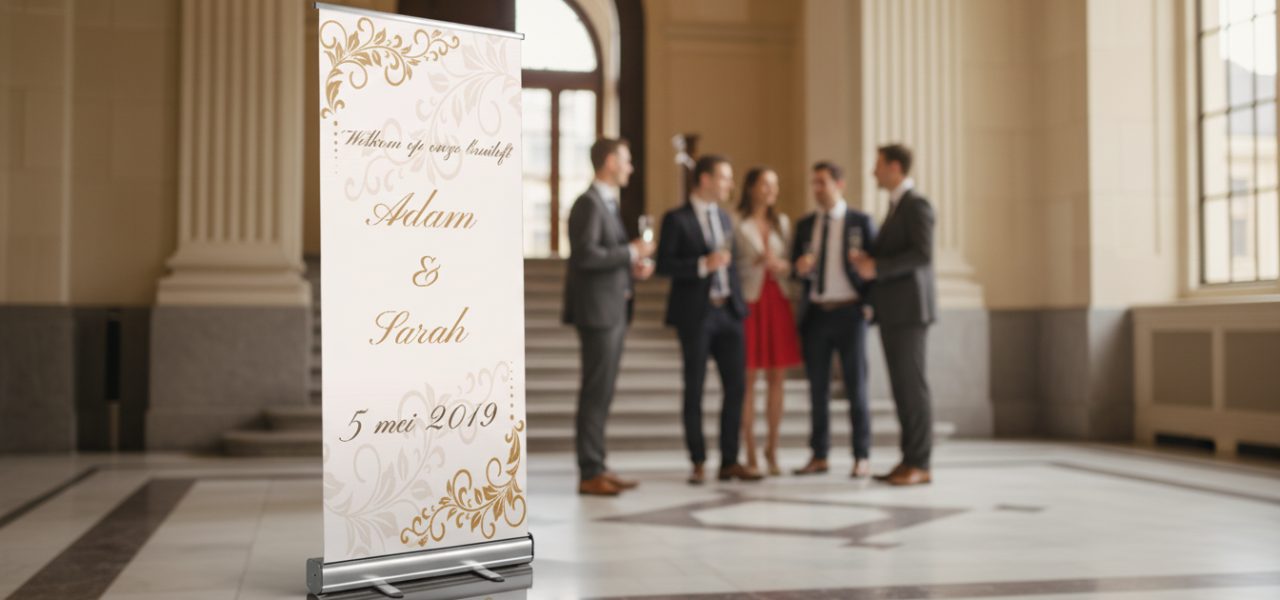 Welkomstbord huwelijk Kortrijk als rollup banner