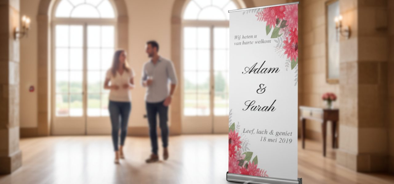 Welkomstbord huwelijk maken in roll up banner vorm
