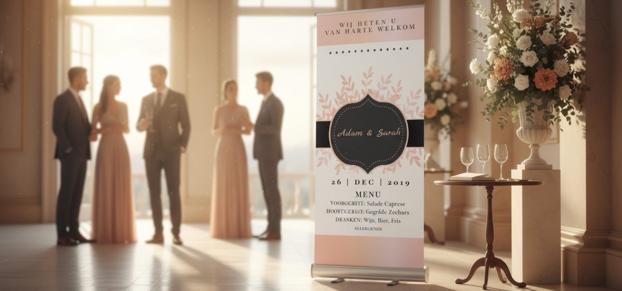 Welkomstbord huwelijk menu Wat is een welkomstbord huwelijk menu in rollup banner vorm