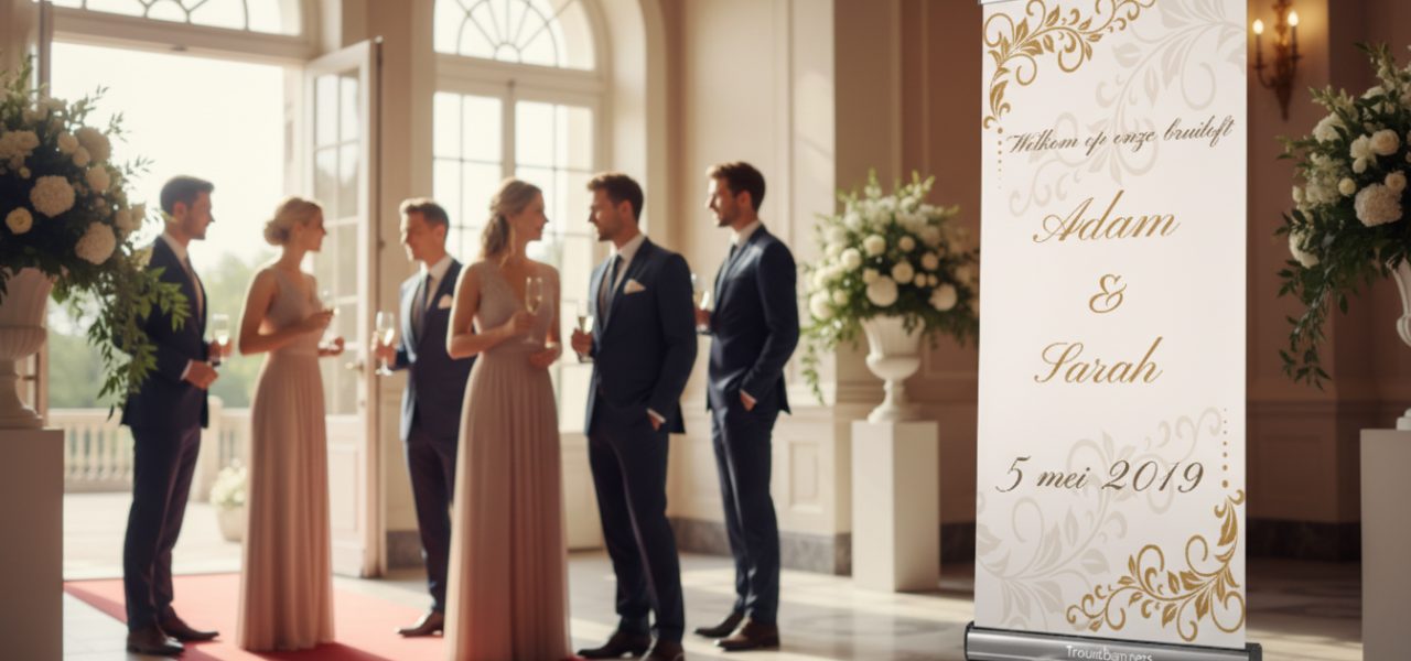 Wat is een welkomstbord huwelijk met datum in rollup banner vorm