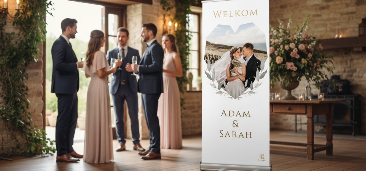 Welkomstbord huwelijk met namen in rollup banner vorm