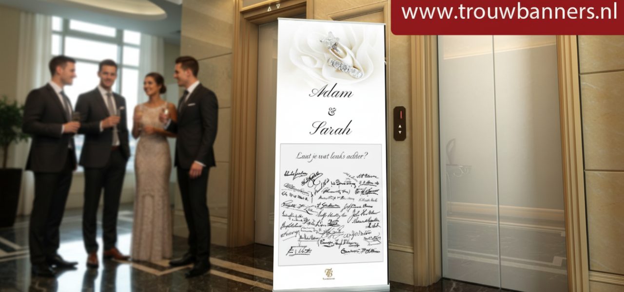 Welkomstbord huwelijk online in rollup banner vorm