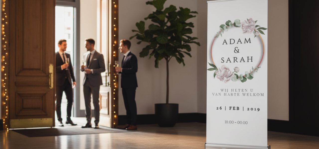Welkomstbord huwelijk ontwerpen als rollup banner