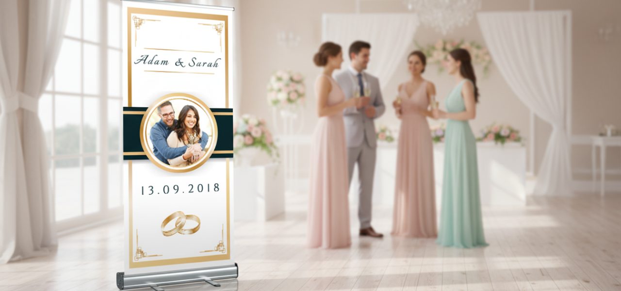 Wat is een welkomstbord huwelijk pastel in rollup banner vorm