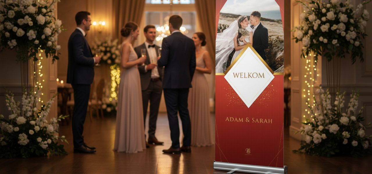 Wat is een welkomstbord huwelijk rollup met standaard