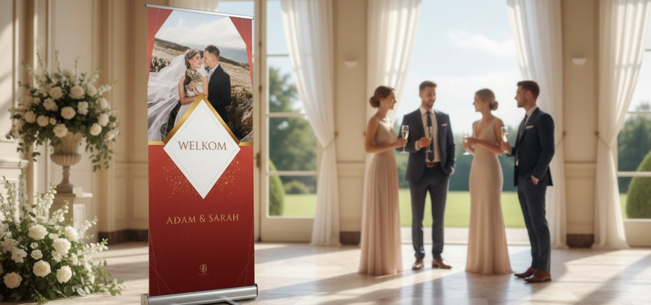 Wat is een welkomstbord huwelijk wit goud in rollup vorm