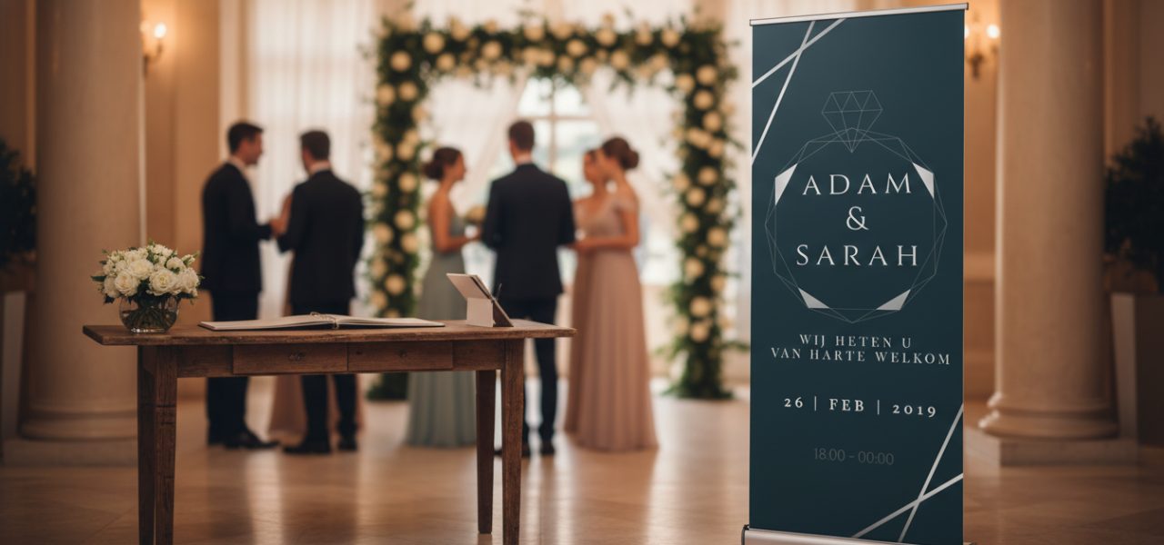 Welkomstbord receptie huwelijk in roll up banner vorm