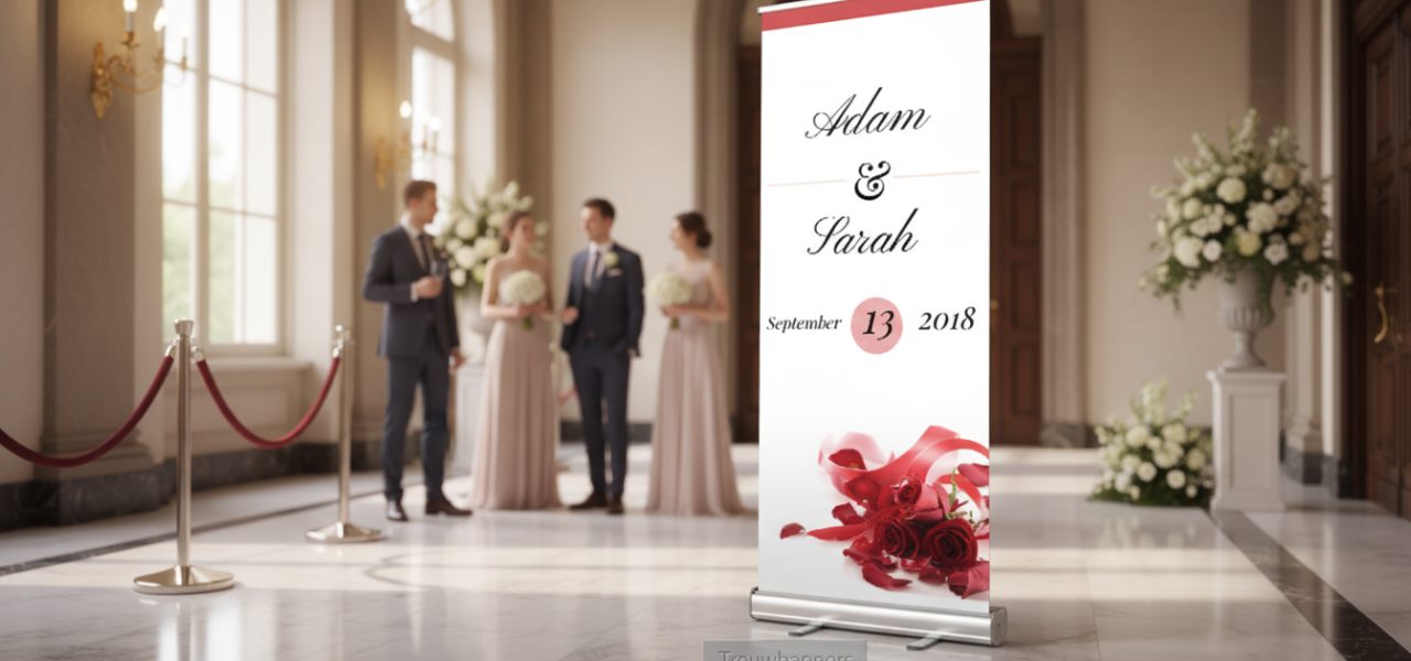 Wat is een welkomstbord trouwdag in rollup banner vorm