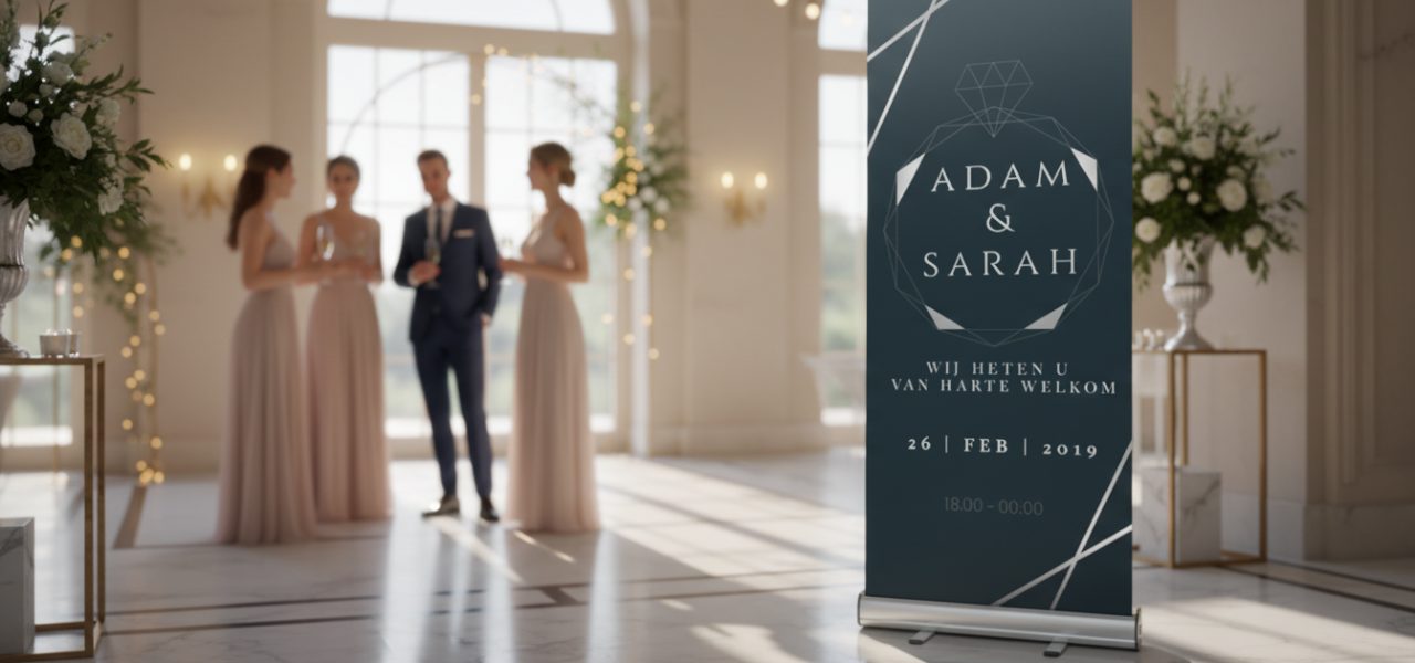 Welkomstbord trouwfeest Wat is een welkomstbord trouwfeest in roll up banner vorm