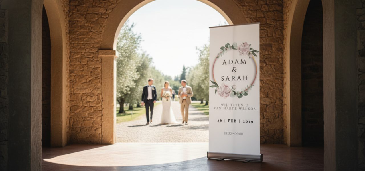 Wat is een welkomstbord trouwlocatie entree als rollup banner
