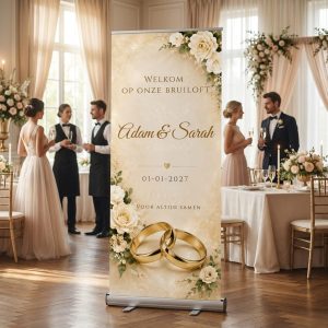 Logo korting Champagne Golden Rose Roll-up Bruiloftsbanner met Luxe champagnekleurige roll-up bruiloftsbanner met witte rozen, gouden details en trouwringen. Zonder foto, met vier bewerkbare als uitgelichte productfoto in een realistische bruiloftssetting