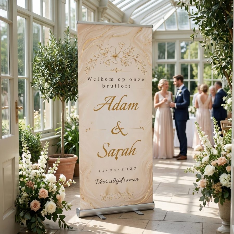 Champagne Marble Floral Champagne Marble Floral Welkomstbord Bruiloft met Luxe champagne marmer welkomstbord voor jullie bruiloft met gouden details, bloemen, namen en datum. Een elegant in een romantische trouwsetting met premium uitstraling