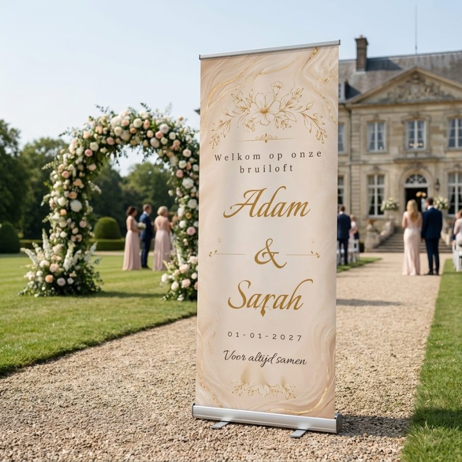 Champagne Marble Floral Champagne Marble Floral Welkomstbord Bruiloft met Luxe champagne marmer welkomstbord voor jullie bruiloft met gouden details, bloemen, namen en datum. Een elegant in een stijlvolle ontvangstruimte of feestlocatie