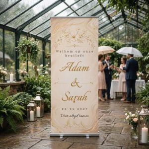 Logo korting Champagne Marble Floral Welkomstbord Bruiloft met Luxe champagne marmer welkomstbord voor jullie bruiloft met gouden details, bloemen, namen en datum. Een elegant als uitgelichte productfoto in een realistische bruiloftssetting