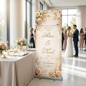 Champagne Rose Elegance Welkomstbord Bruiloft met Romantisch welkomstbord voor een bruiloft met champagnekleurige achtergrond, rozen, gouden details en bewerkbare namen, datum en in een romantische trouwsetting met premium uitstraling