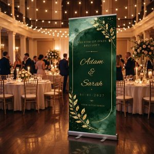 Logo korting Emerald Gold Botanical Welkomstbord Bruiloft met Luxe emerald groen welkomstbord voor een bruiloft met gouden botanische details, editable namen, datum en quote. als uitgelichte productfoto in een realistische bruiloftssetting